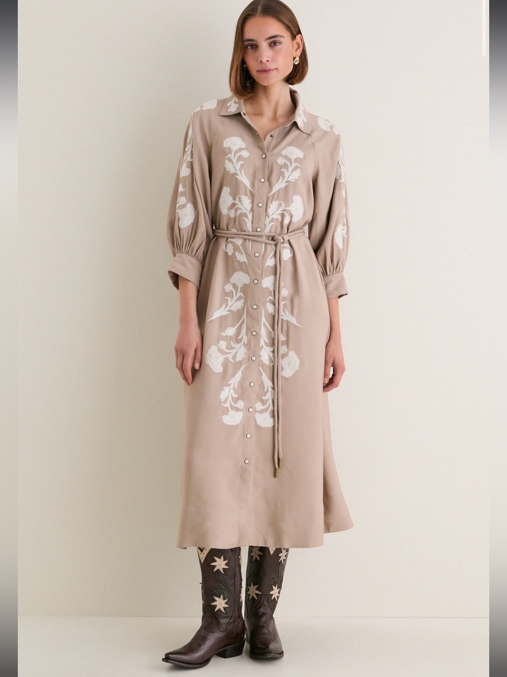 NEW THE GREAT. western embroidered herd dress in soft tan with cream embroidery